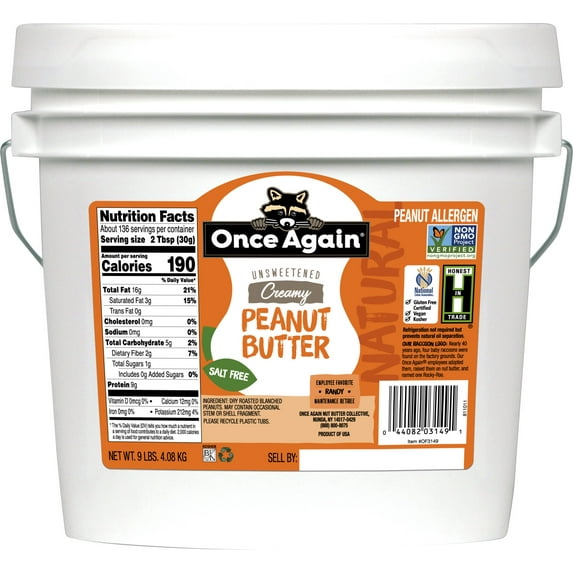 Once Again Natural, Creamy Peanut Butter, 9lb Bucket - Salt Free, Unsweetened - Gluten Free Certified, Vegan, Kosher, Non-GMO Verified
