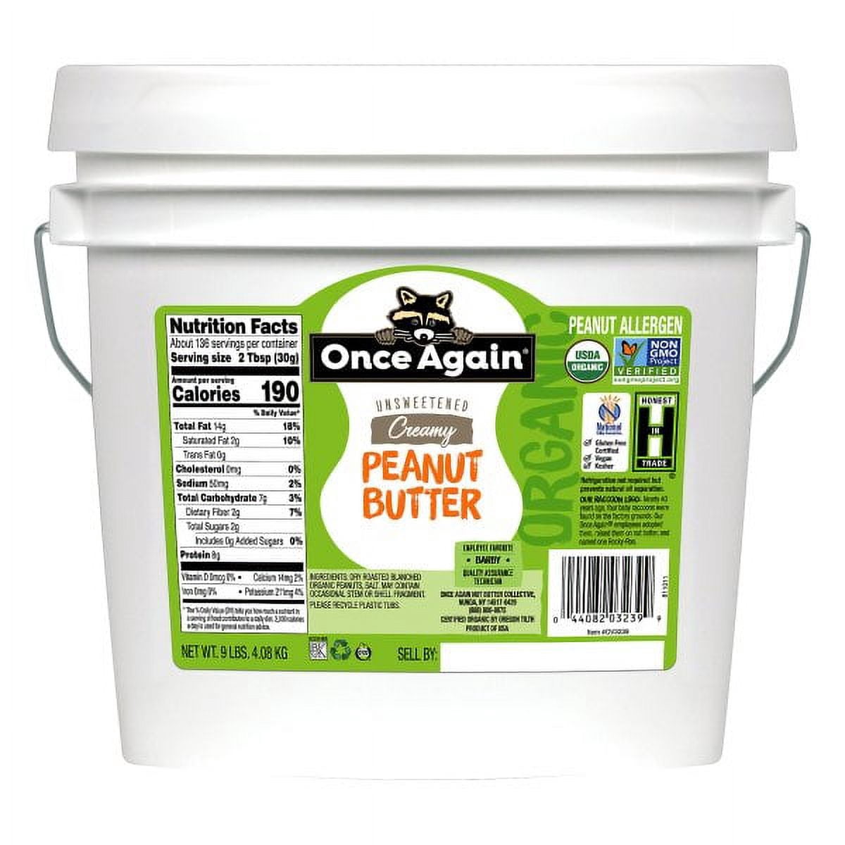 Once Again Unsweetened Creamy Organic Peanut Butter 9 lb