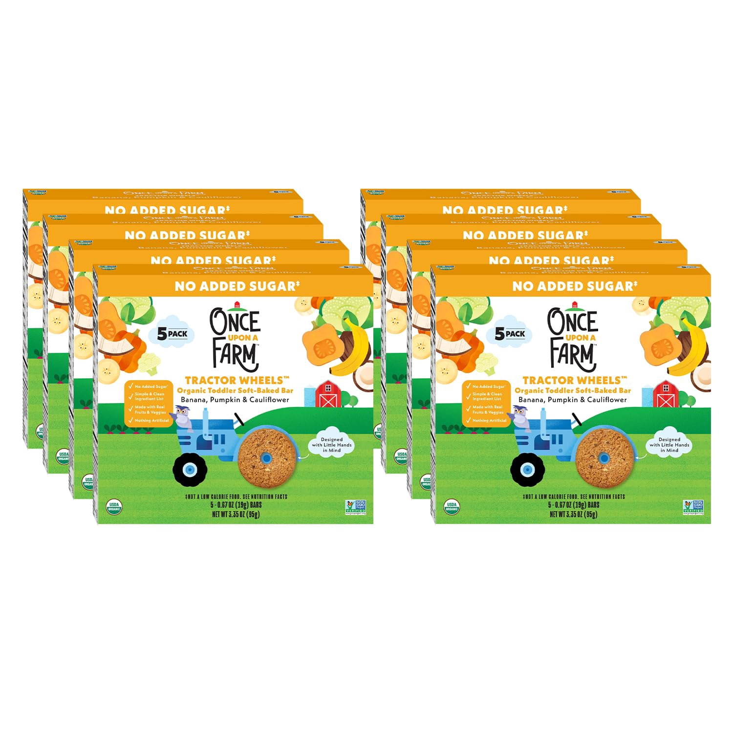 Once Upon A Farm Organic Toddler Soft Baked Bar, Banana, Pumpkin and Cauliflower, Tractor Wheels Shaped, Non GMO, Kosher, 3.35 Ounces (Pack of 8)