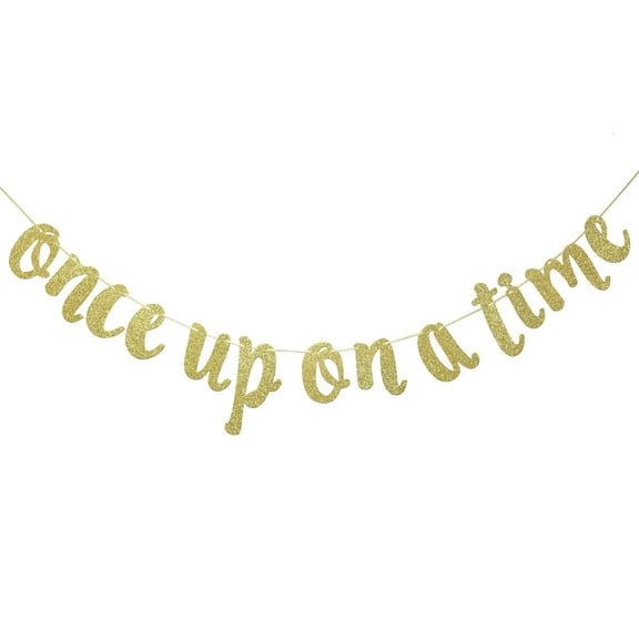 Once Upon A Time Gold Gliter Banner, Pre-Strung Fun Engagement, Bachelorette, Birthday, Wedding Bridal Shower Party Decorations (Gold)