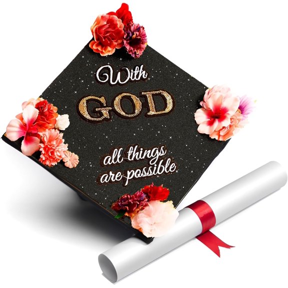 Once Upon A Time Handmade Graduation Cap Topper Gift for Her Graduation Gift Graduation Cap Decorations, with God All Things are Possible (Black)