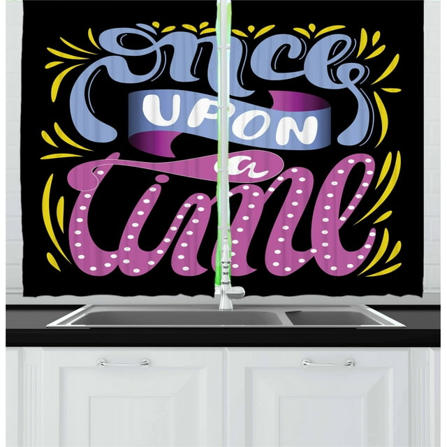 Once Upon a Time Curtains 2 Panels Set, Cute Nostalgic Hand Written Message with Polka Dots and Doodle Pattern, Window Drapes for Living Room Bedroom, 55W X 39L Inches, Multicolor, by Ambesonne