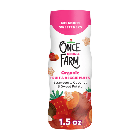Once Upon a Farm Organic Baby Puffs, Strawberry, Sweet Potato & Coconut, 1.5oz Canister