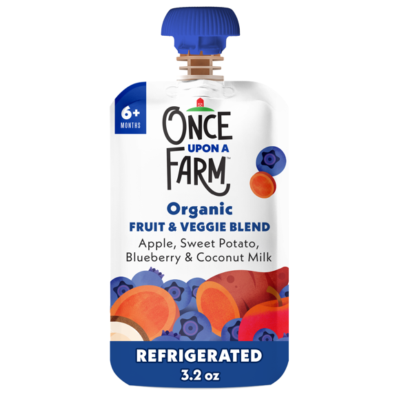 Once Upon a Farm Organic Refrigerated Baby Food Fruit & Veggie Blend Apple, Sweet Potato, Blueberry & Coconut Milk, 3.2oz Pouch