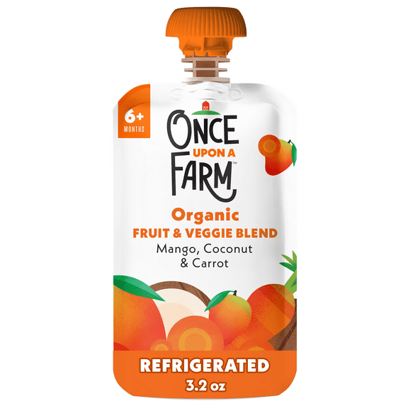 Once Upon a Farm Organic Refrigerated Baby Food Fruit & Veggie Blend Mango, Coconut & Carrot with Turmeric, 3.2oz Pouch