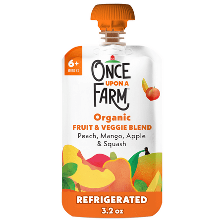 Once Upon a Farm Organic Refrigerated Baby Food Fruit & Veggie Blend Peach, Mango, Apple & Squash with Basil, 3.2oz Pouch