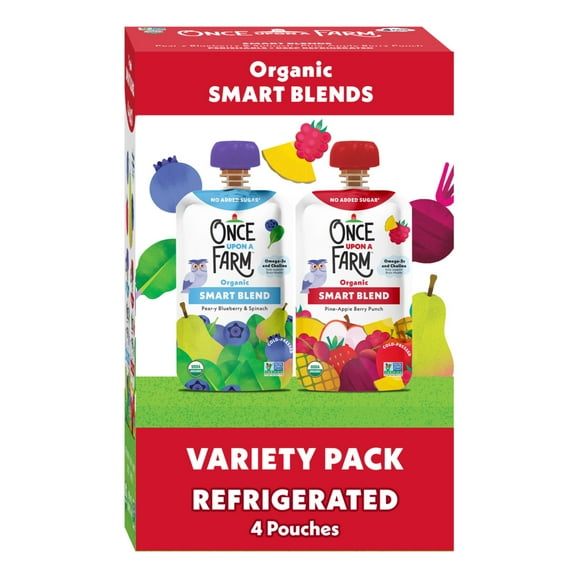 Once Upon a Farm Organic Refrigerated Baby Food Smart Blend Pear-y Blueberry & Spinach/Pine-Apple Berry Punch Variety Pack, 3.2oz Pouch (4 Pack)