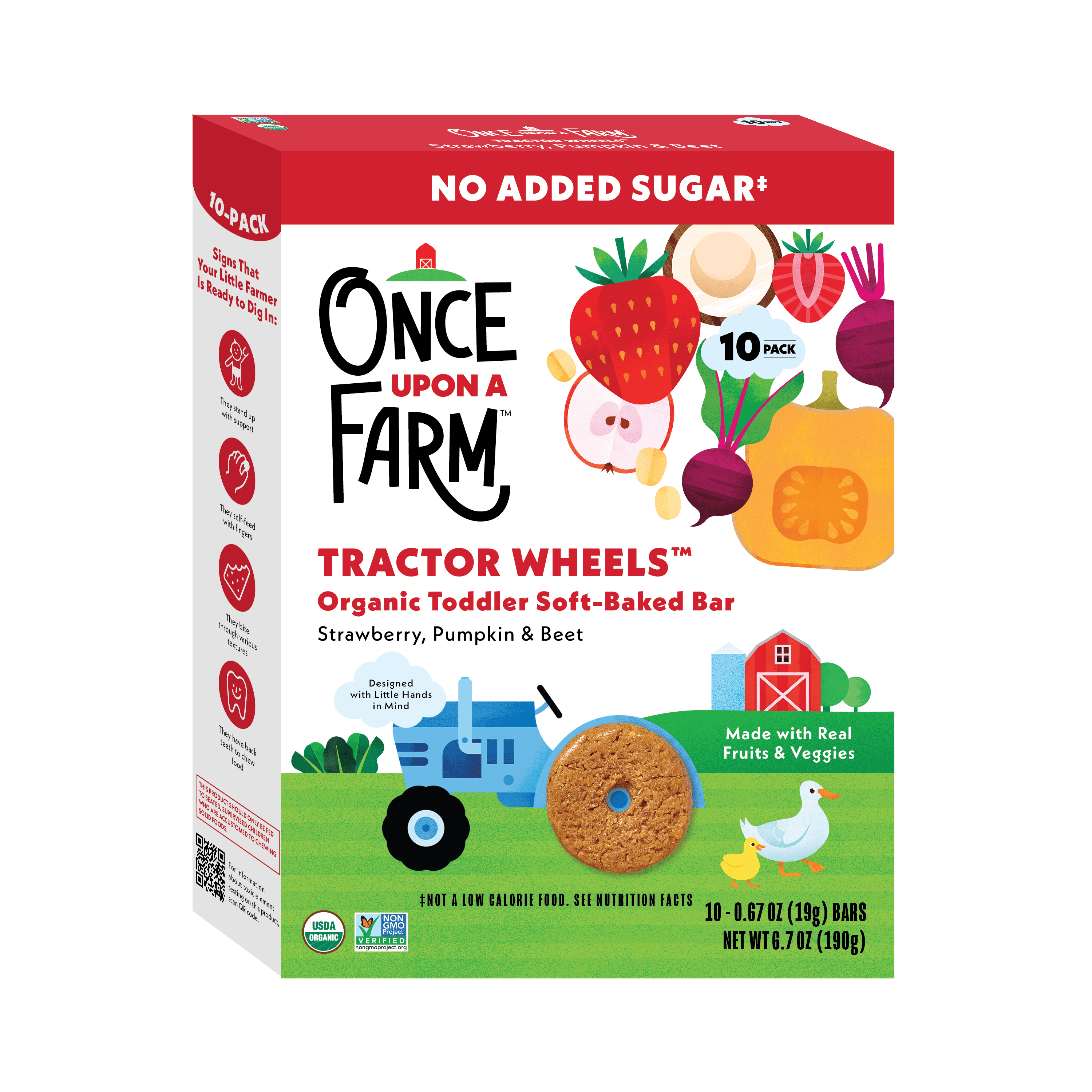 Once Upon a Farm Organic Tractor Wheels Toddler Bar, Strawberry, Pumpkin & Beet, 10ct
