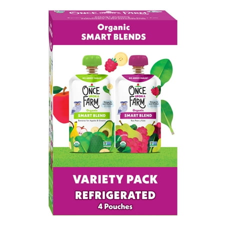Once Upon a Farm Organic Refrigerated Baby Food Smart Blend Bananas for Apples & Greens and Ras-Pear-Y Kale Variety Pack, 3.2oz Pouch (4 Pack)