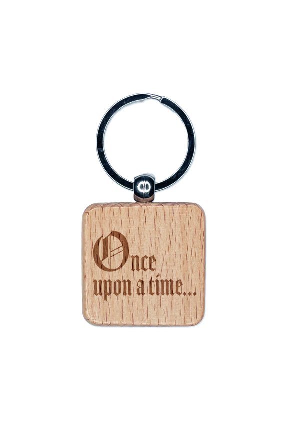 Once Upon a Time Fairy Tale Wedding Old Timey Text Square Keychain Charm Tag - Engraved Wood