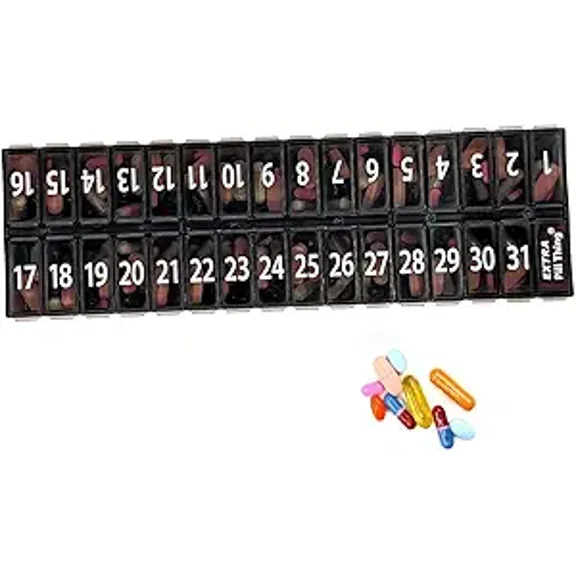 Once-a Day Monthly Pill Organizer Removable Lid for Easy Loading - Large Compartment Pill Box Medications for Entire Month Plus a Compartment for Extra Pills BPA Free