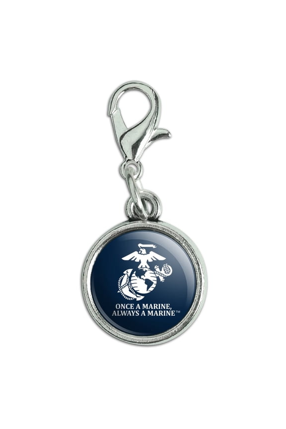 Once a Marine Always a Marine USMC Blue White Officially Licensed Antiqued Bracelet Pendant Zipper Pull Charm with Lobster Clasp