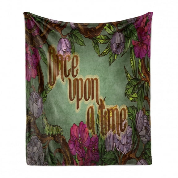 Once upon a Time Soft Flannel Fleece Blanket, Calligraphic Words with Blossoming Vintage Flowers Frame and Caterpillar, Cozy Plush for Indoor and Outdoor Use, 50" x 70", Multicolor, by Ambesonne