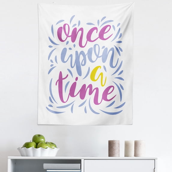 Once upon a Time Tapestry, Doodle Style Calligraphy with Pastel Lines Phrase, Fabric Wall Hanging Decor for Bedroom Living Room Dorm, 5 Sizes, Multicolor, by Ambesonne
