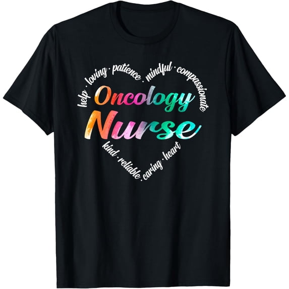 Oncology Nurse Heart Word Cloud Watercolor Rainbow T-Shirt