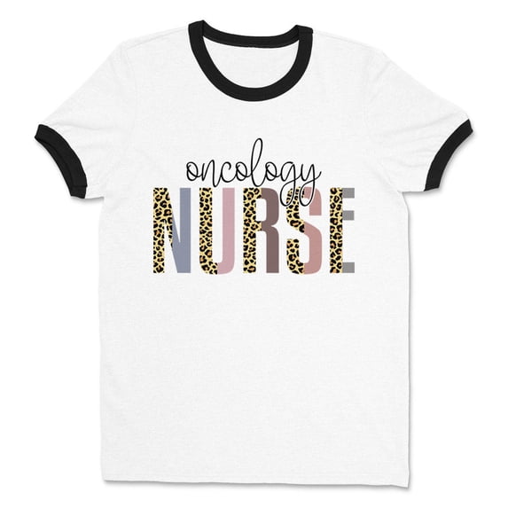 Oncology Nurse Leopard Print Ringer Tee Shirt Unisex Small White/Black