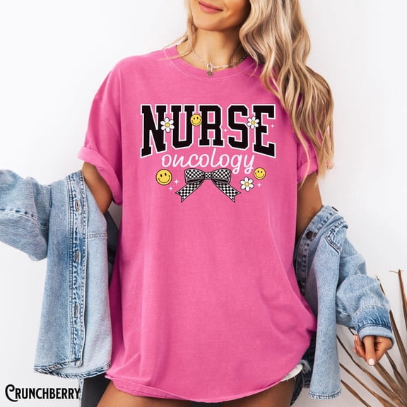 Oncology Nurse Onc Varsity Checkered Happy Face Bow Cancer Rn Chemo T-Shirt All Size S-3XL