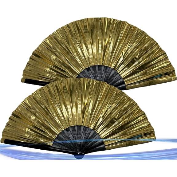 Oncpcare 2 Pcs Large Folding Hand Rave Fan, Flash Chinese Kung Fu Line Dance Popping Fan for Men Women Girl Boy Gift (Gold)