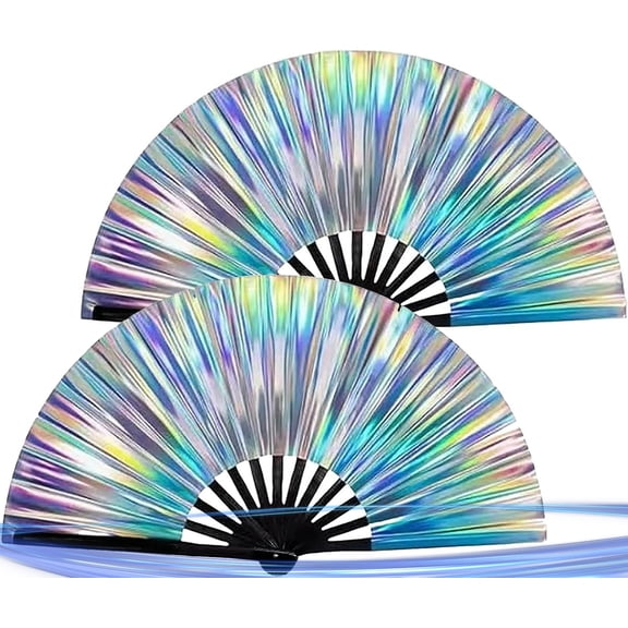 Oncpcare 2 Pcs Large Folding Hand Rave Fan, Flash Chinese Kung Fu Line Dance Popping Fan for Men Women Girl Boy Gift (Laser)