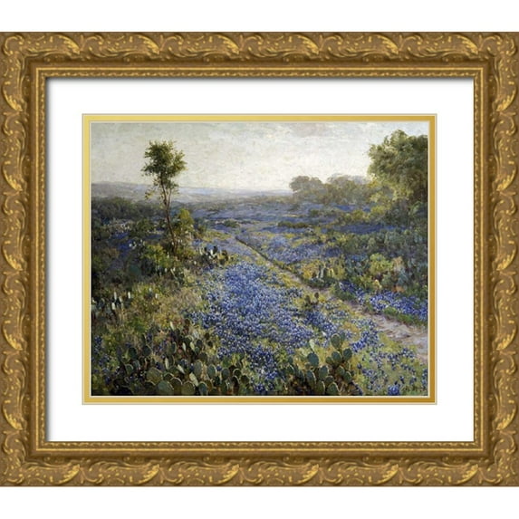 Onderdonk, Julian 18x15 Gold Ornate Wood Framed with Double Matting Museum Art Print Titled - Field of Texas Bluebonnets and Prickly Pear Cacti