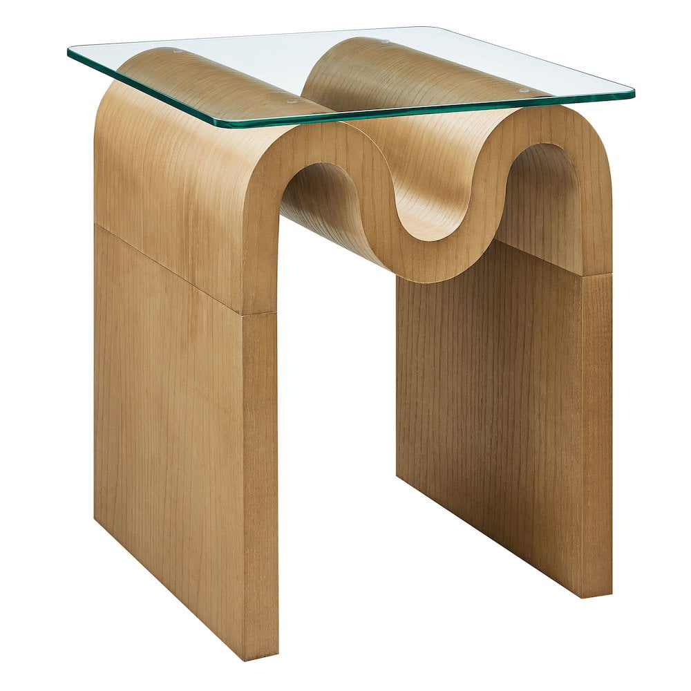 Natural Ash Veneer Wave Base Glass Top Side Table