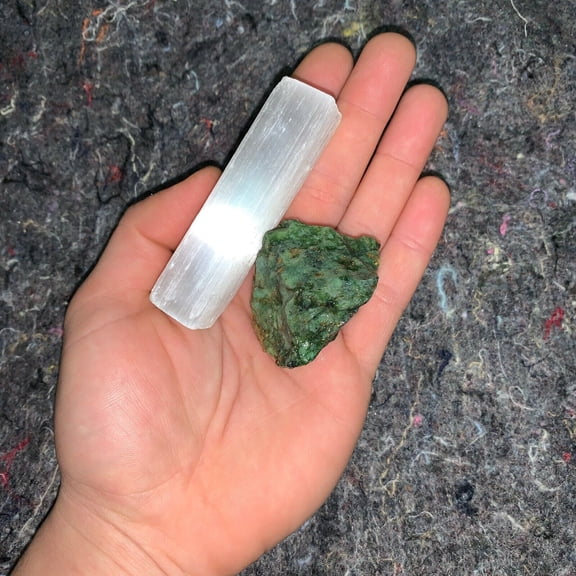 One (1) Charged Chrysoprase Rough Gemstone + A FREE Selenite Charging Stick