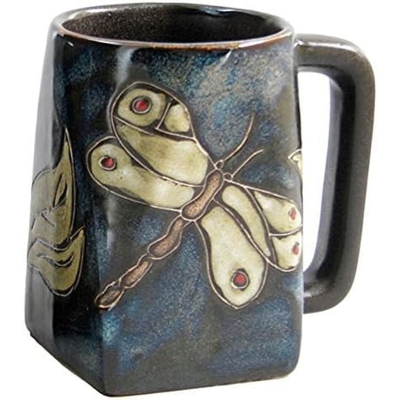 One (1) MARA STONEWARE COLLECTION - 12 Ounce Coffee or Tea Cup Collectible Square Bottom Mug - Dragonfly/Insects Design