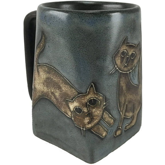One 1 MARA STONEWARE COLLECTION - 12 Oz Coffee Cup Collectible Square Bottom Blue Dinner Mug - Kitten Cats Design