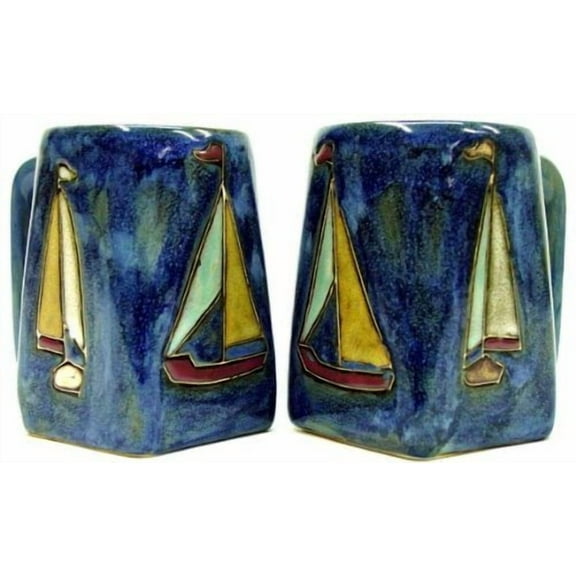 One 1 MARA STONEWARE COLLECTION - 12 Oz Coffee Cup Collectible Square Bottom Blue Dinner Mug - Sailboat Design