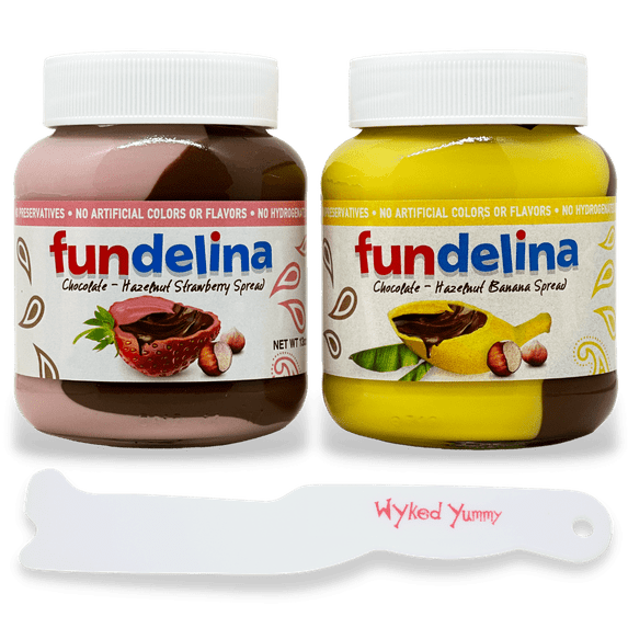Fundelina Spread Strawberry & Chocolate-Hazelnut and Banana & Chocolate-Hazelnut 13 oz. Jars with One WYKED YUMMY Spreader Plastic Jar Scraper