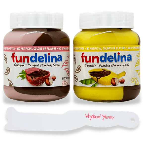 Fundelina Spread Strawberry & Chocolate-Hazelnut and Banana & Chocolate-Hazelnut 13 oz. Jars with One WYKED YUMMY Spreader Plastic Jar Scraper