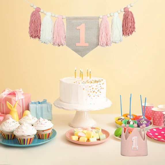 One 1st High Chair Banner For 1st Birthday Party Boy Decorations With Green Tassel Garland Crown Hat Cake Topper