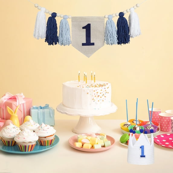 One 1st High Chair Banner For 1st Birthday Party Boy Decorations With Green Tassel Garland Crown Hat Cake Topper
