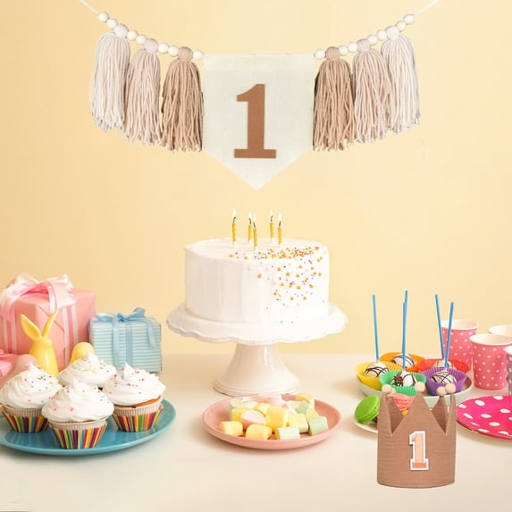 One 1st High Chair Banner For 1st Birthday Party Boy Decorations With Green Tassel Garland Crown Hat Cake Topper