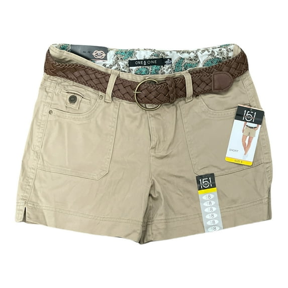 One 5 One Women's Braided Belted Stretch Twill Shorts, 5" Inseam (Khaki, 8)