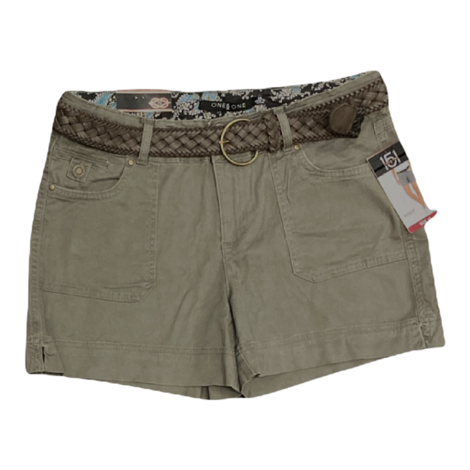 One 5 One Women's Braided Belted Stretch Twill Shorts, 5 Inseam (Olive, 10)