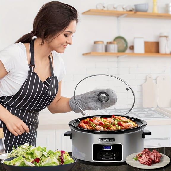One 7.5-quart large-capacity digital programmable slow cooker (with timer function), suitable for family gatherings and holiday feasts; features three heat settings: Keep Warm, Low, and High.