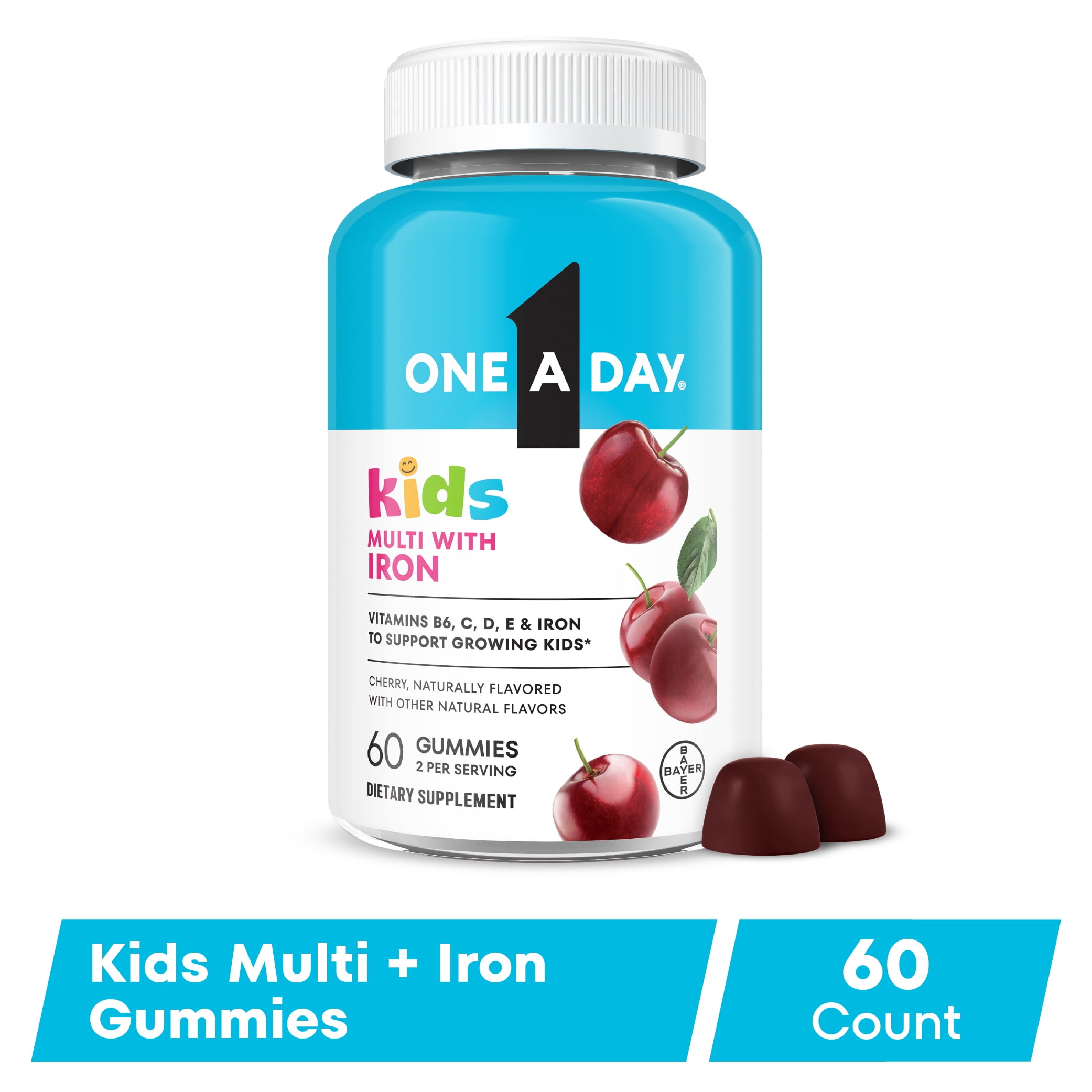 One A Day Kids Multivitamins Gummies with iron, & with Vitamin C, D, E, & Zinc for Immune Support, Cherry Flavor, 60 Count