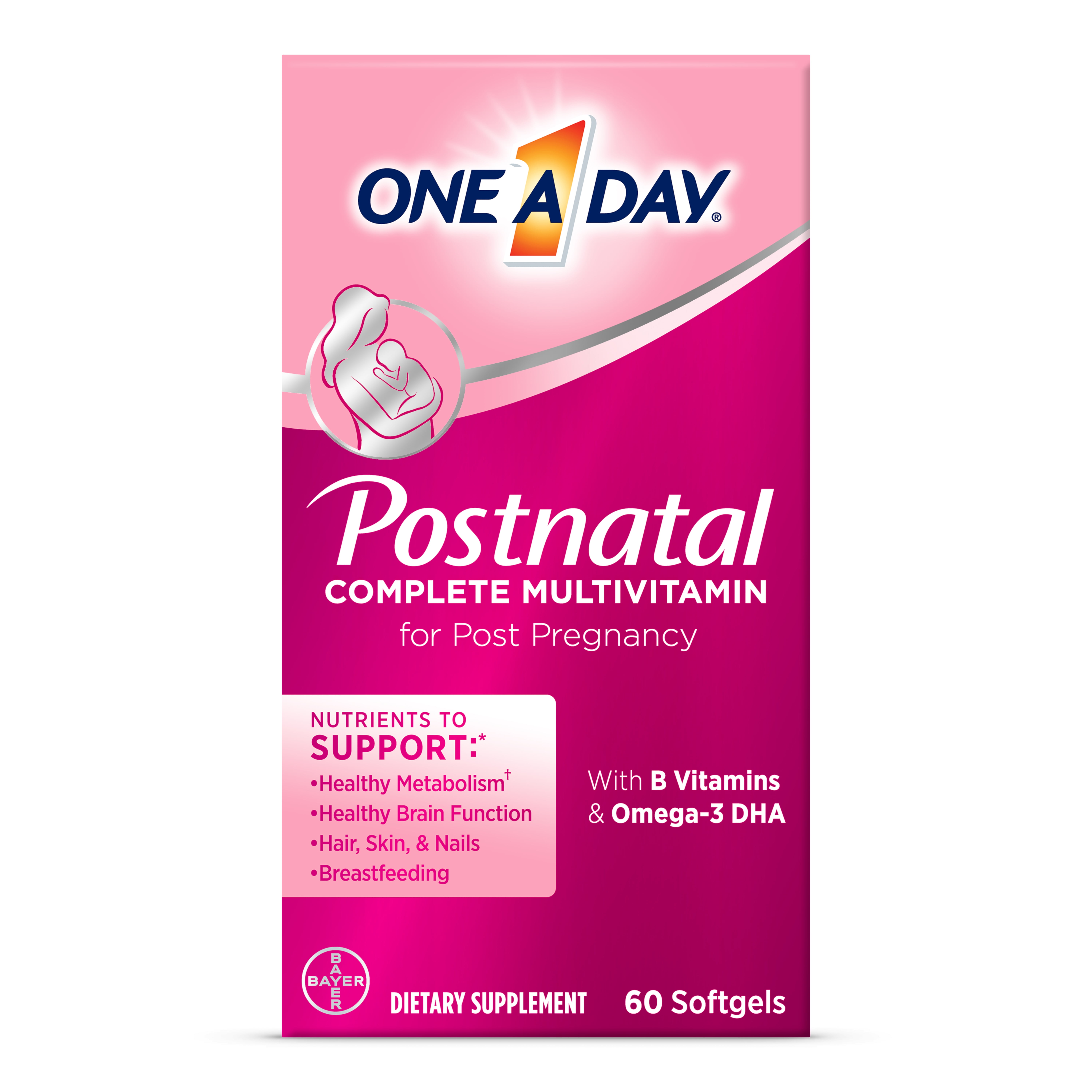 One A Day Postnatal Complete Multivitamin, Multivitamin for Post-Pregnancy with Folic Acid and Omega-3 DHA, 60 Count