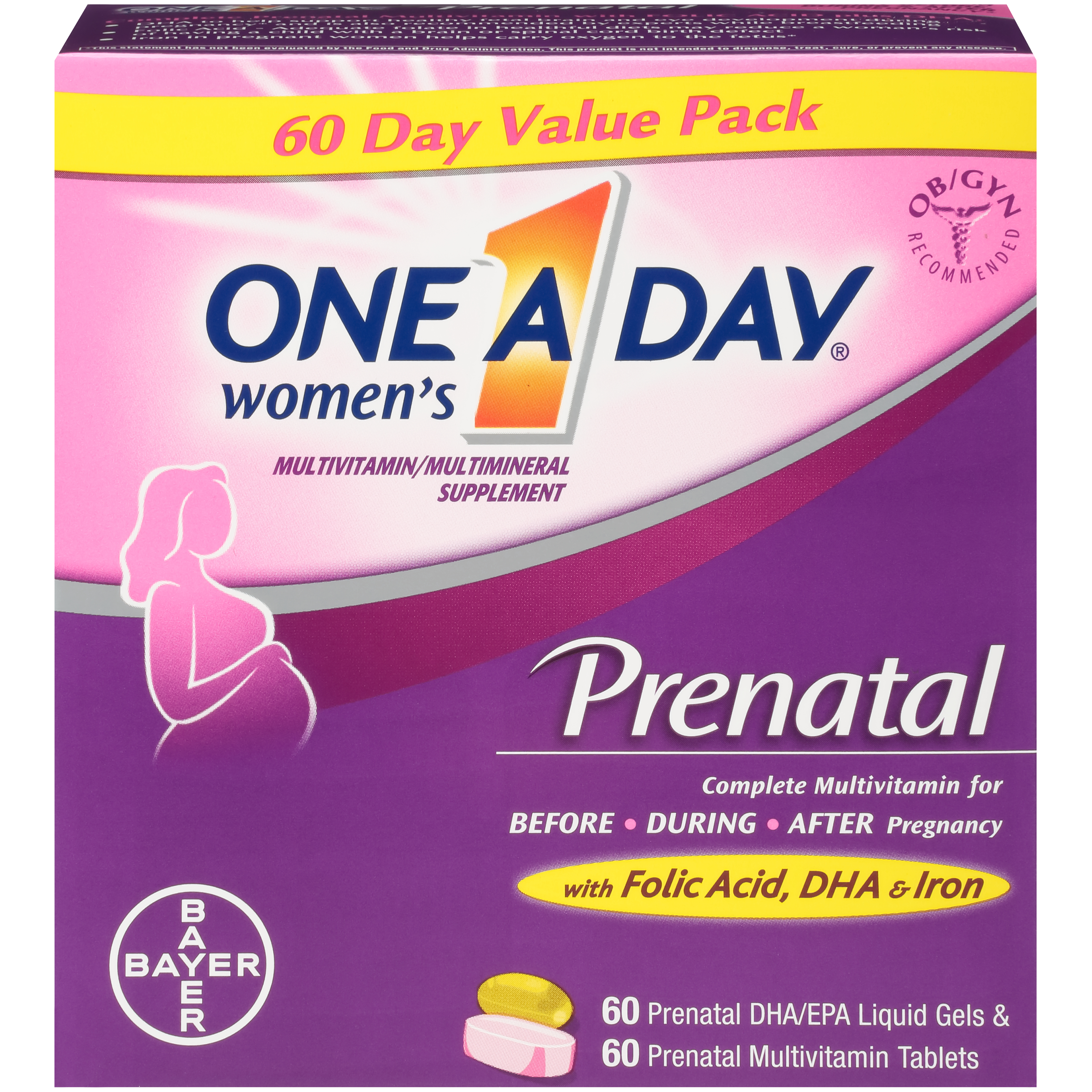 One A Day Women's Prenatal Multivitamin Two Pill Formula, Supplement for Before, During, and Post Pregnancy, Including Vitamins A, C, D, E, B6, B12, Folic Acid, and Omega-3 DHA, 60+60 Count - image 1 of 16