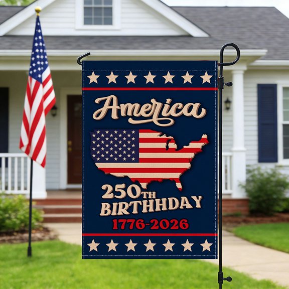 One American 250th Anniversary Garden Flag (1776-2026) Featuring A Patriotic Design With A Map Of The United States, The America