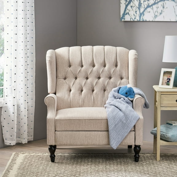 One And Half Seater Recliner In Soft Beige With Sophisticated Wingback And Reclining Fabric Manual Pushback Feature