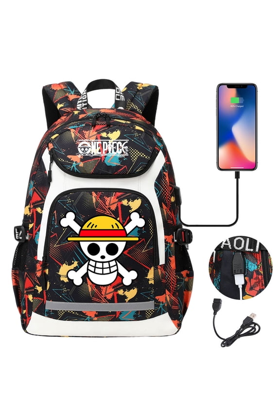 One Anime Piece Classic Backpack Canvas Knapsack Student School Bookbag Waterproof Travel Dacypack with USB Charge Port