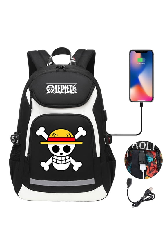 One Anime Piece Classic Backpack Canvas Knapsack Student School Bookbag Waterproof Travel Dacypack with USB Charge Port