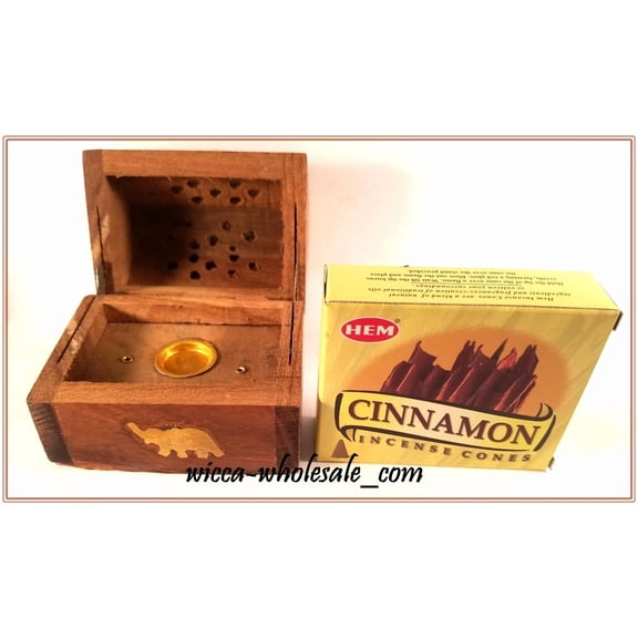 One Asst Wooden Small Coffin Incense Burner & 1 Box Of 10 Cinnamon Cone Incense