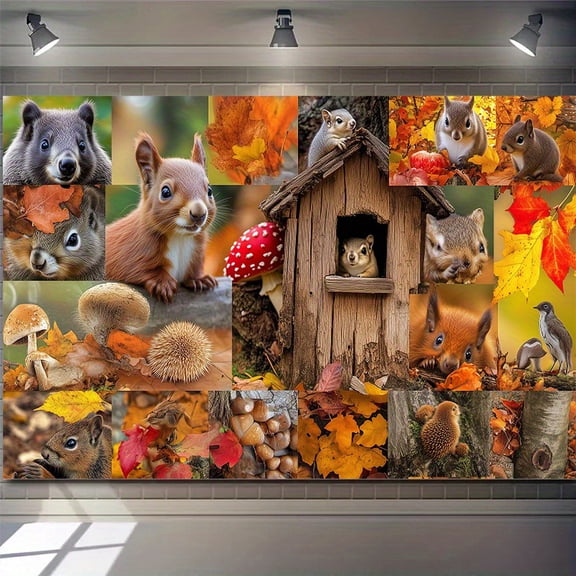One Autumn Forest Wall Tapestry, featuring a design of squirrels, mushrooms,and autumn leaves; made of polyester fiber, suitable for decoration in dormitories, bedrooms, parties, and outdoor settings