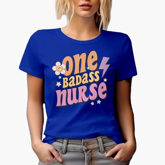 One Bad Ass Nurse, Retro Nurses Week Merch Gift, Royal Blue T-Shirt, 2XL