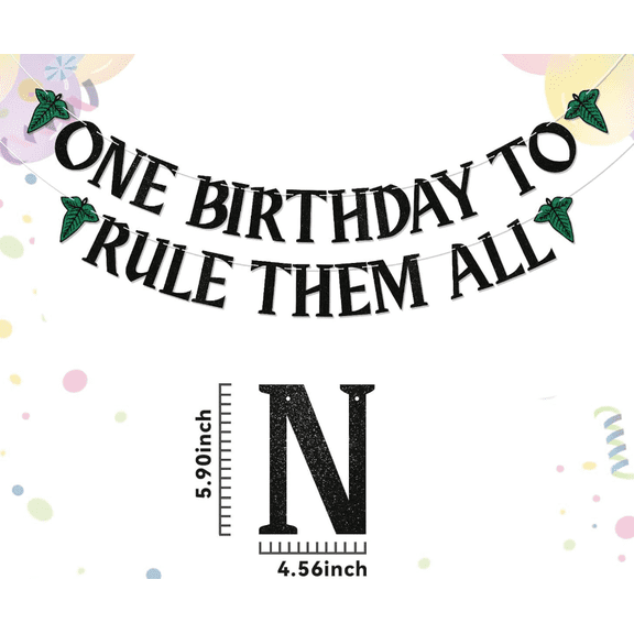 One Birthday to Rule Them All Banner, Black Glitter, Fantasy Theme, Party Decoration, 5.90 x 4.56 Inch Letters