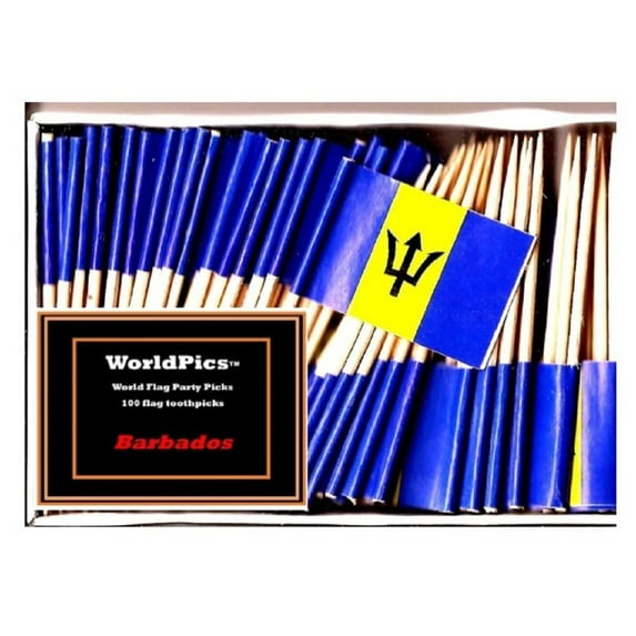 One Box Barbados Toothpick Flags, 100 Small Barbadian or Bajuns Cupcake Flag Toothpicks or Cocktail Picks