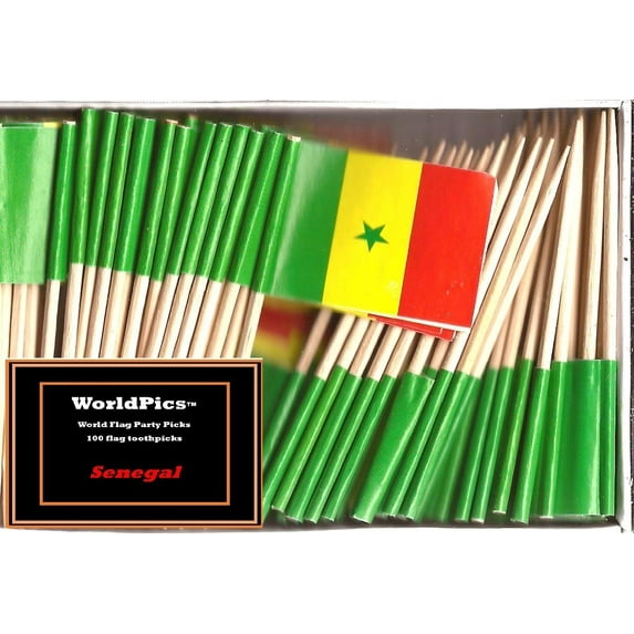 One Box Senegal Toothpick Flags, 100 Small Senegalese Cupcake Flag Toothpicks or Cocktail Picks